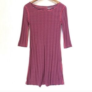 Three dots striped jersey fitted dress  small blue & pink stretch elbow sleeve